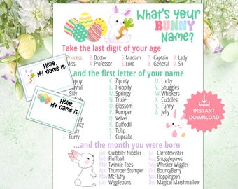 What's Your Bunny Name Game WITH NAMETAGS + SIGN, Easter Party Game, Easter Decorating Activity, Bunny Name Generator for Easter