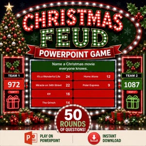 以下が含まれることがあります： デジタルクリスマス・フィードのPowerPointゲームインターフェース。マーキー風のタイトル、2チーム分のスコアボード、中央のゲームボードには「It's a Wonderful Life」、「Home Alone」、「The Grinch」などの回答が表示されています。