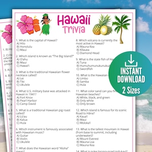 Puede incluir: Un juego de trivia imprimible de Hawái con preguntas sobre la cultura, la historia y la geografía hawaianas. El diseño presenta flores tropicales, una bailarina de hula, piñas y una palmera. Incluye el texto "INSTANT DOWNLOAD" y "2 Sizes".