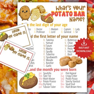 What&#39;s Your Potato Bar Name Game WITH NAMETAGS +SIGN,Baked Potato Bar Party Game,Fun Teacher Staff Appreciation Week Printable Adults & Kids