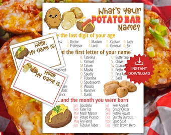 What's Your Potato Bar Name Game WITH NAMETAGS +SIGN,Baked Potato Bar Party Game,Fun Teacher Staff Appreciation Week Printable Adults & Kids