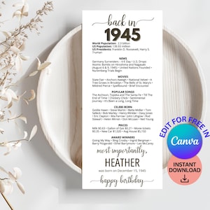 Tarjetas de mesa para el 80.° cumpleaños, decoraciones editables para la fiesta del 80.° cumpleaños, tarjetas de mesa para nacidos en 1945, regalo de cumpleaños para ella y para él, noticias de 1945