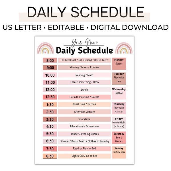 Daily Schedule, Daily Routine - Editable PDF, Daily routine Template