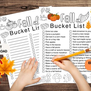 May include: A printable Fall bucket list with a black and white illustration of a cornucopia, pumpkins, and leaves. The list includes activities like drinking hot cider, carving a pumpkin, and going to a fall festival.