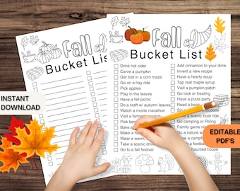 May include: A printable Fall bucket list with a black and white illustration of a cornucopia, pumpkins, and leaves. The list includes activities like drinking hot cider, carving a pumpkin, and going to a fall festival.