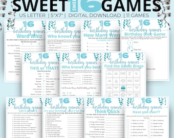 Sweet 16 Birthday Games Aqua,16th Birthday Party Games,Born in 2010 Game Bundle,Sweet Sixteen Birthday Games,Teen Activity Printable Bundle