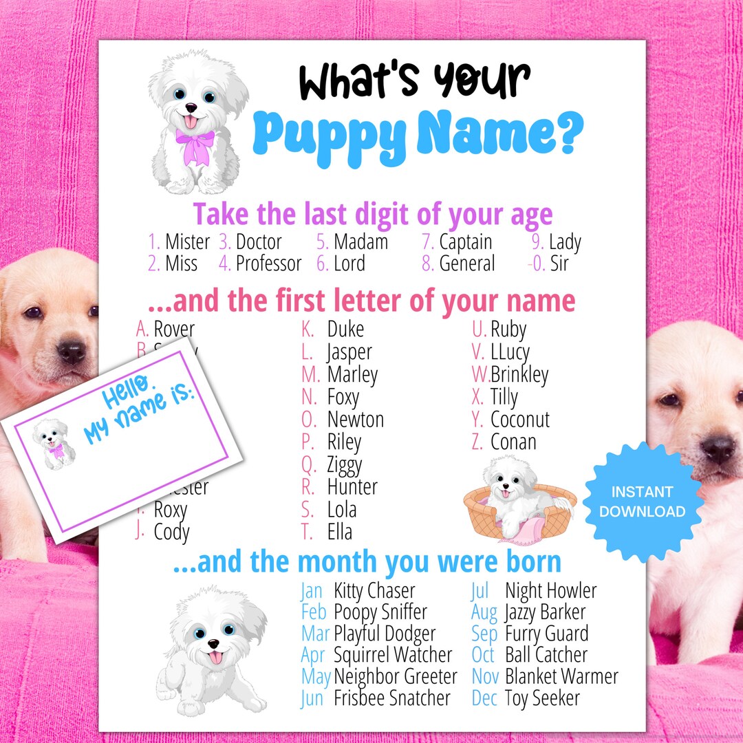What's Your Puppy Name Game WITH NAMETAGS SIGN, Puppy Party Game, Dog