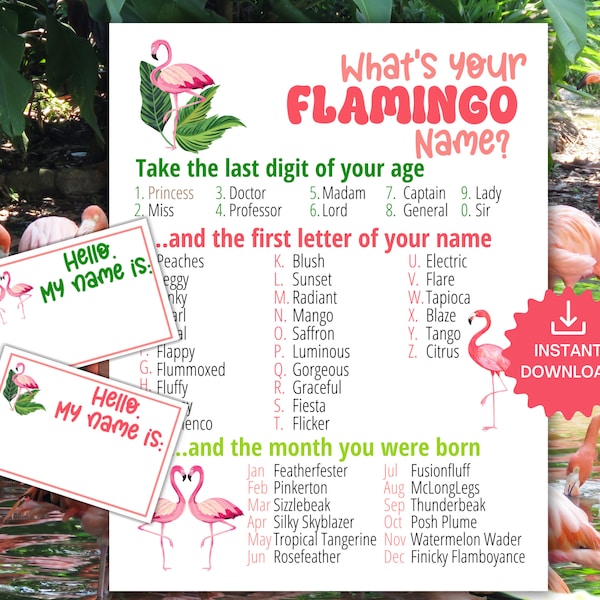 What's Your Flamingo Name Game WITH NAMETAGS + SIGN, Game, Flamingo Baby shower Game, Daycare Activity, Fun for Adults & Kids Printable