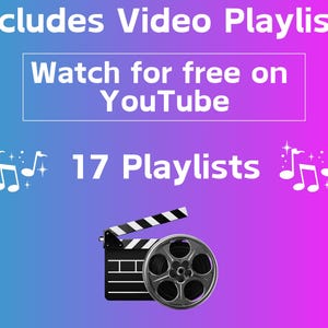 Puede incluir: Gr&aacute;fico con un fondo degradado de azul a morado. El texto dice "Includes Video Playlists" y "Watch for free on YouTube". La imagen tambi&eacute;n muestra 17 listas de reproducci&oacute;n y una claqueta y una bobina de pel&iacute;cula.