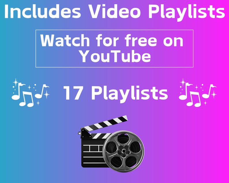 Puede incluir: Gr&aacute;fico con un fondo degradado de azul a morado. El texto dice "Includes Video Playlists" y "Watch for free on YouTube". La imagen tambi&eacute;n muestra 17 listas de reproducci&oacute;n y una claqueta y una bobina de pel&iacute;cula.