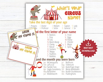 What's Your Circus Name Game with NAMETAGS & SIGN, Carnival Party Game, Barbeque Cookout, summer outdoor party, Idds and Adults Printable