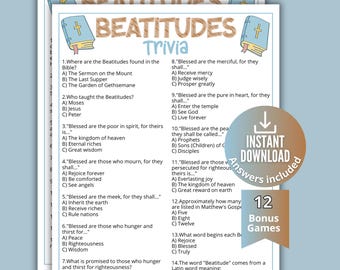 Bible Beatitudes Trivia Games,Bible Trivia for kids, teens adults,Sunday School Bible Quiz,New Testament Guessing Activity,Church Lesson BB1