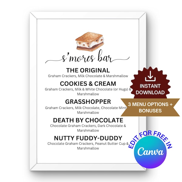 Editable S'mores Bar Menu, Printable Smores Bar Sign, S'mores Station Outdoor Party Sign, Camping treat table sign, Canva template, 3 Menus