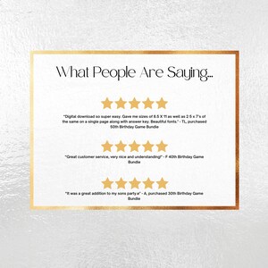 May include: A white rectangular sign with a gold border featuring the text What People Are Saying... and three rows of five gold stars. Each row includes customer reviews for birthday game bundles, mentioning digital downloads and sizes.
