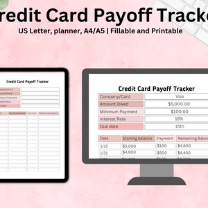 Puede incluir: Un rastreador de pago de tarjeta de cr&eacute;dito imprimible con un fondo rosa. El rastreador incluye secciones para la empresa/tarjeta, el monto adeudado, el pago m&iacute;nimo, la tasa de inter&eacute;s, la fecha de vencimiento, la fecha, el saldo inicial, el pago y el saldo restante. El rastreador est&aacute; dise&ntilde;ado para ayudar a los usuarios a realizar un seguimiento de su progreso en el pago de su deuda de tarjeta de cr&eacute;dito.
