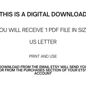 Peut inclure: Texte sur fond blanc qui indique : "Ceci est un t&eacute;l&eacute;chargement num&eacute;rique. Vous recevrez 1 fichier PDF au format : US Letter. Imprimez et utilisez. T&eacute;l&eacute;chargez &agrave; partir de l'e-mail qu'Etsy vous enverra ou &agrave; partir de la section Achats de votre compte Etsy."