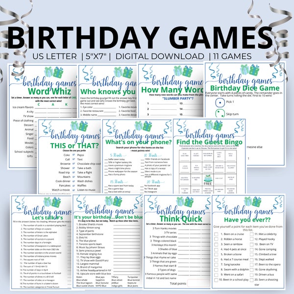 Birthday Party Games for him or her, 11 Birthday Game Bundle, Tween Birthday Games Gift for boys and Girls, Teen Activities for a Birthday