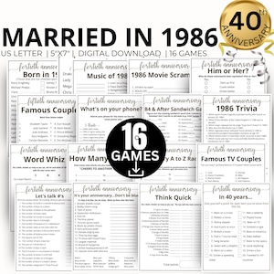 Juegos para el 40.º aniversario de bodas, Juego de "Casados en 1986", Juegos del aniversario de Ruby de 1986, Juegos para el 80.º aniversario, Paquete de 16 juegos imprimibles