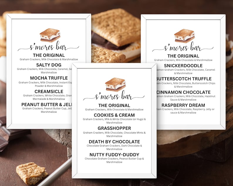 Peut inclure: Un ensemble d'affiches imprimables pour un bar &agrave; s'mores avec des illustrations aquarell&eacute;es de s'mores. Les affiches listent diff&eacute;rentes variations de s'mores avec des ingr&eacute;dients, tels que Salty Dog, Mocha Truffle et Peanut Butter & Jelly.