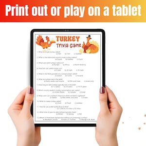 Peut inclure: Un jeu-questionnaire sur les dindes affich&eacute; sur une tablette, illustr&eacute; de dindes et contenant treize questions &agrave; choix multiples. Le texte en haut indique Print out or play on a tablet.