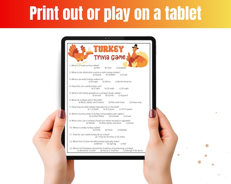 Peut inclure: Un jeu-questionnaire sur les dindes affich&eacute; sur une tablette, illustr&eacute; de dindes et contenant treize questions &agrave; choix multiples. Le texte en haut indique Print out or play on a tablet.