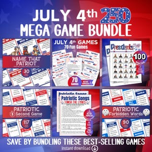 Pode incluir: Um pacote de jogos para o 4 de julho com 250 jogos imprimíveis, incluindo Name That Patriot, Patriotic Songs e Forbidden Words. A coleção inclui 100 cartões de bingo de presidentes, 70 jogos divertidos e 117 cartas com gráficos em vermelho, branco e azul.