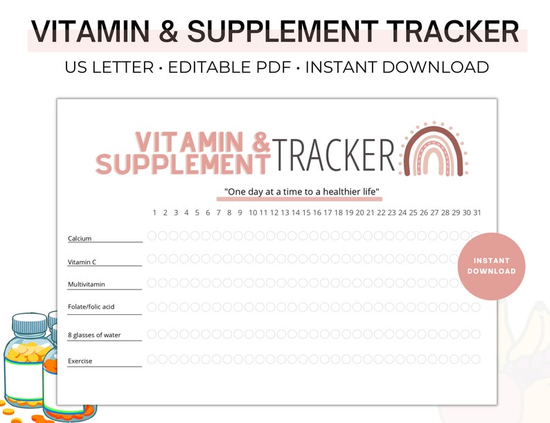 Editable Vitamin and Supplement Tracker Daily Vitamin Etsy