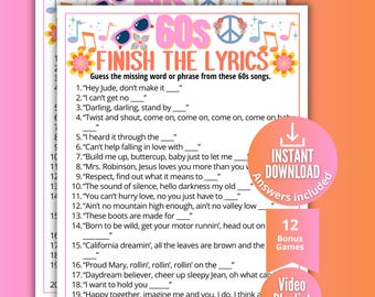60er Jahre Beenden der Texte Trivia Spiel, druckbare Sixties Musikspiel für Kinder Teenager Erwachsene, 1960er Jahre Aktivität, Ideen für Senioren, 1960er Jahre Trivia Party