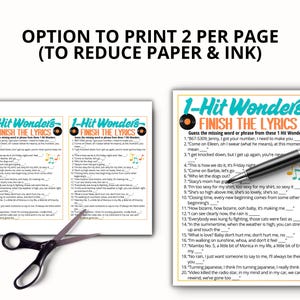 May include: A printable 1-Hit Wonders Finish the Lyrics game sheet featuring twenty song lyric fill-in-the-blank questions. The design includes vinyl record icons, musical notes, and bold text. A pair of black scissors and a pen are shown.