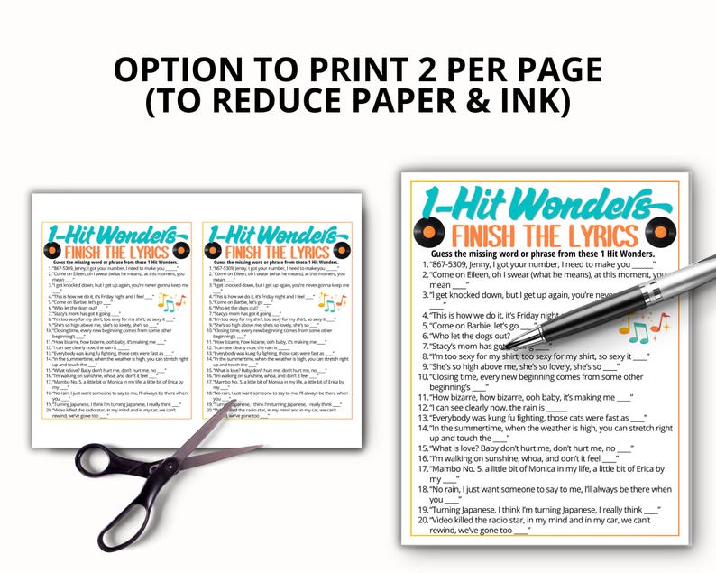 May include: A printable 1-Hit Wonders Finish the Lyrics game sheet featuring twenty song lyric fill-in-the-blank questions. The design includes vinyl record icons, musical notes, and bold text. A pair of black scissors and a pen are shown.