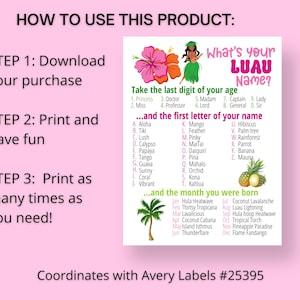 What's Your Luau Name Game WITH NAMETAGS + SIGN, Hawaiian Party Game ...