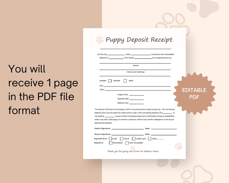 Puppy Deposit Receipt Dog Breeder Forms Printable PDF Etsy