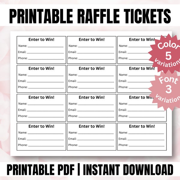 Printable Raffle Tickets, Enter to Win tickets, Fundraiser Raffle Ticket Template, Minimalist Raffle ticket, INSTANT DOWNLOAD