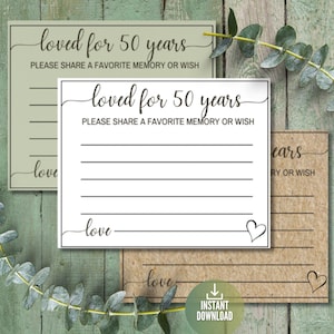 Al 50 jaar geliefd, wensen voor een 50e verjaardagsfeestje, deel een favoriete herinnering, afdrukbaar bord en kaarten, bord vijftigste verjaardag, advies + wensen
