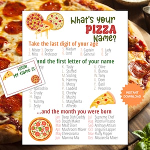 What&#39;s Your Pizza Name Game WITH NAMETAGS + SIGN, Pizza Party Game, Pizza Birthday Party Activity, Fun for Adults & Kids Printable