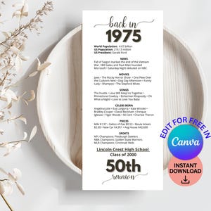 50. Klassentreffen-Platzkarten, bearbeitbare 50. Wiedersehens-Partydekoration, Klasse von 1975-Tischkarten, Zurück in 1975-Nachrichten, High School College