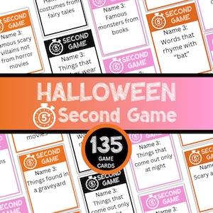 May include: A collection of rectangular game cards featuring the text Halloween Second Game and a timer icon with the number 5. Each card displays prompts like Name 3 famous scary villains, Name 3 things found in a graveyard, and Name 3 words that rhyme with bat. The set includes 135 game cards.