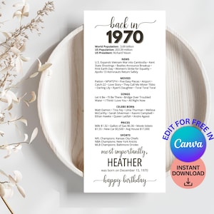 Tarjetas de mesa para el 55.º cumpleaños, decoraciones editables para la fiesta del 55.º cumpleaños, tarjetas de mesa para nacidos en 1970, regalo de cumpleaños para ella y para él, noticias de 1970