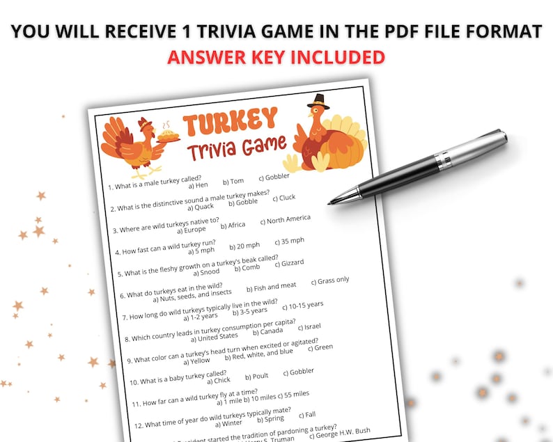 Peut inclure: Un jeu-questionnaire sur les dindes imprim&eacute; sur papier blanc avec des illustrations de dindes et douze questions &agrave; choix multiples. Le texte inclut le titre Turkey Trivia Game et des questions sur les dindes. Un stylo noir et argent est pos&eacute; dessus.