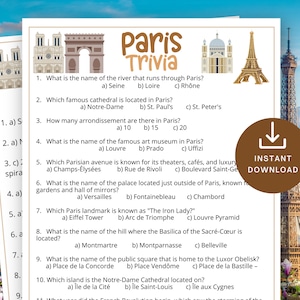 Paris Trivia Game,Printable Paris Games for Kids & Adults, French Birthday Idea, Office Party Fun, French food Baby Shower,Dinner Party Idea