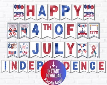 July 4th Banner Sign, Happy Independence Day Bunting, Printable Patriotic Poster, DIY July 4th Bulletin Board,Office Decor Teacher Classroom