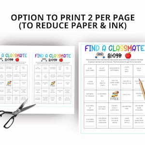 May include: A Find a Classmate Bingo game sheet with a grid of prompts, featuring colorful text and icons. The sheet includes a free space with a school bus icon, an apple, and binoculars. A pair of black scissors and a wooden pencil are visible.