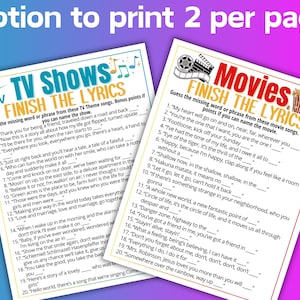 Puede incluir: Dos hojas de juego imprimibles con letras de programas de televisi&oacute;n y pel&iacute;culas. Las hojas tienen letras de canciones para completar con instrucciones para adivinar las palabras que faltan. El texto "Option to print 2 per page" est&aacute; en la parte superior.
