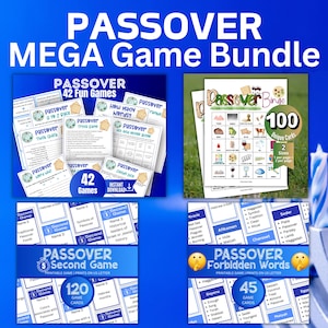 May include: A Passover Mega Game Bundle with various printable games. Includes 42 fun games, a Passover Bingo game with 100 unique cards, a Second Game with 120 game cards, and a Forbidden Words game with 45 cards. All games are designed for US Letter printing.