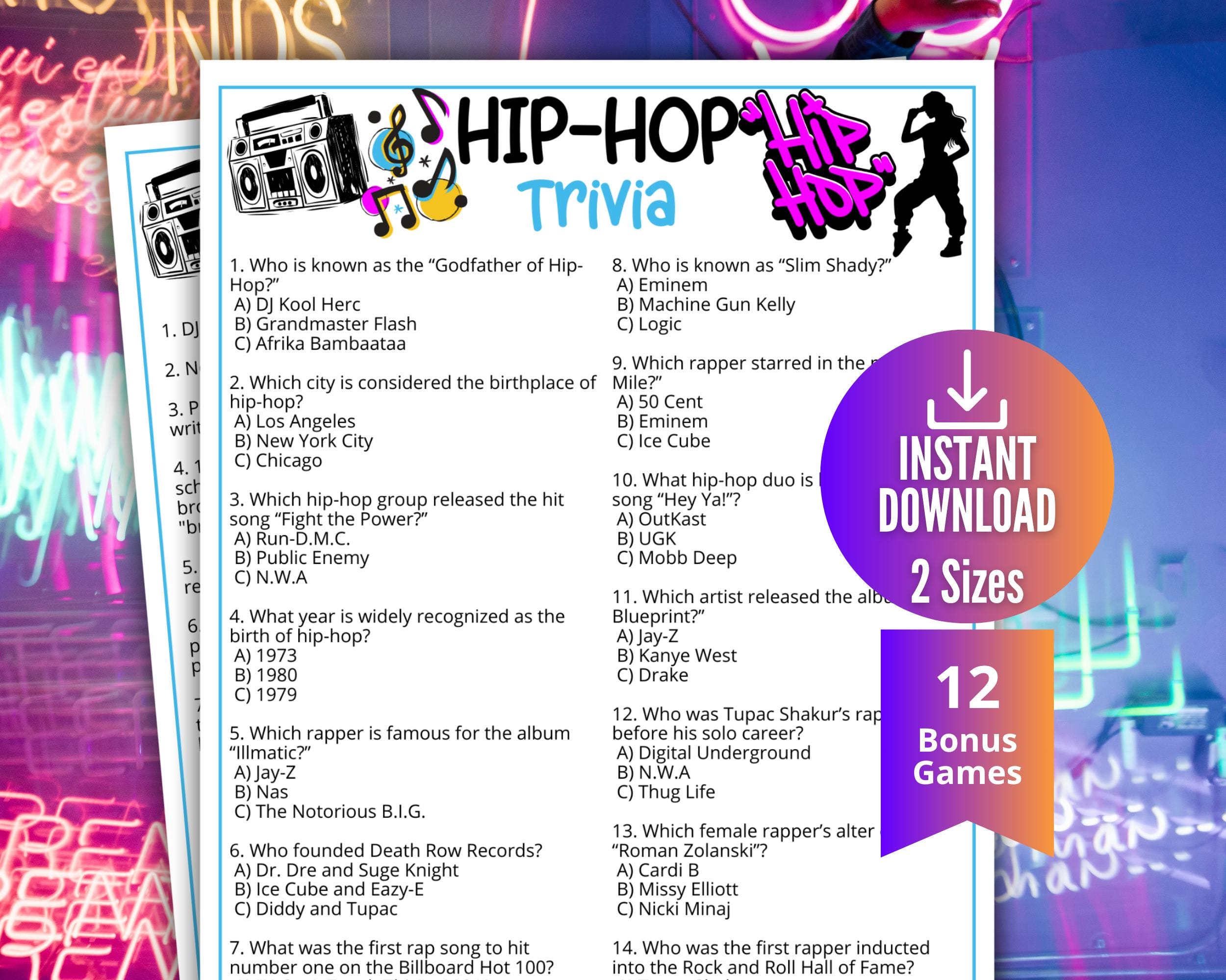 Hip-hop Trivia Game, Rap Music Quiz,printable Pop Culture Game for
