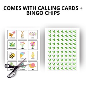 May include: A set of spring-themed bingo cards and calling cards. The calling cards feature illustrations of butterflies, a bunny, flowers, and other spring elements. The bingo chips are green leaf shapes. The text "COMES WITH CALLING CARDS + BINGO CHIPS" is at the top.