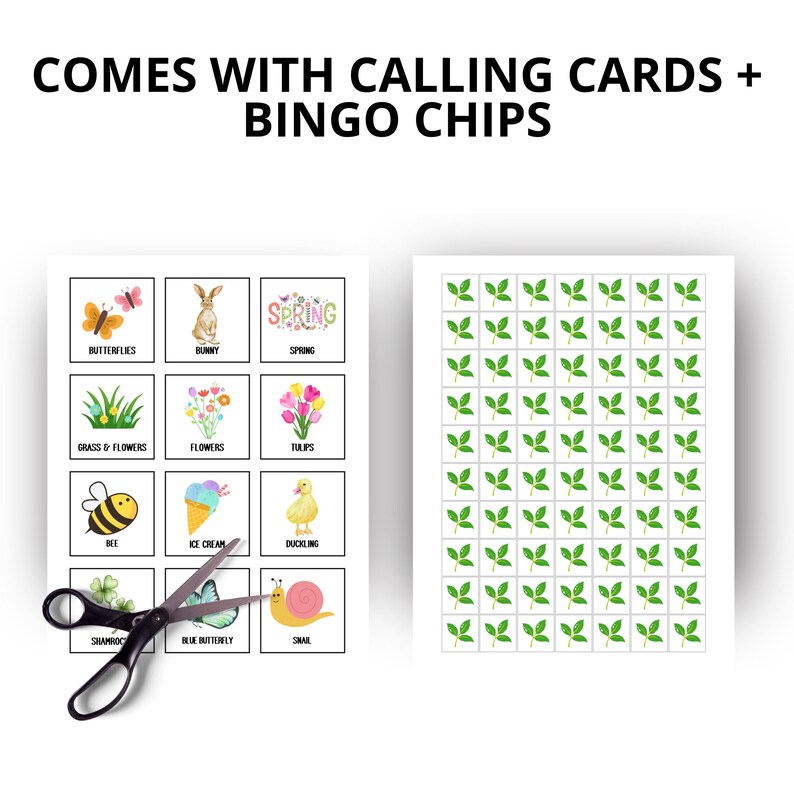 May include: A set of spring-themed bingo cards and calling cards. The calling cards feature illustrations of butterflies, a bunny, flowers, and other spring elements. The bingo chips are green leaf shapes. The text "COMES WITH CALLING CARDS + BINGO CHIPS" is at the top.