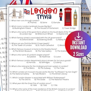 May include: A London trivia game with questions about the city's landmarks, history, and culture. The game features a red telephone booth, a red double-decker bus, and a clock tower.