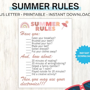 Op de afbeelding: Een afdrukbare zomerregels-checklist voor kinderen. De checklist bevat taken zoals ontbijt eten, tanden poetsen en 20 minuten lezen. Na voltooiing kunnen kinderen hun elektronica gebruiken. De checklist is versierd met een regenboog en een strandparasol.