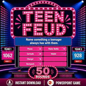 May include: A digital game board titled TEEN FEUD with a neon pink marquee, displaying the question Name something a teenager always has with them. The board lists answers including Phone, Earbuds, Charger, Backpack, Water Bottle, and Wallet with scores.